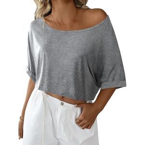 Womens Off The Shoulder Short Sleeve Crop Top - Grey Size: S Small